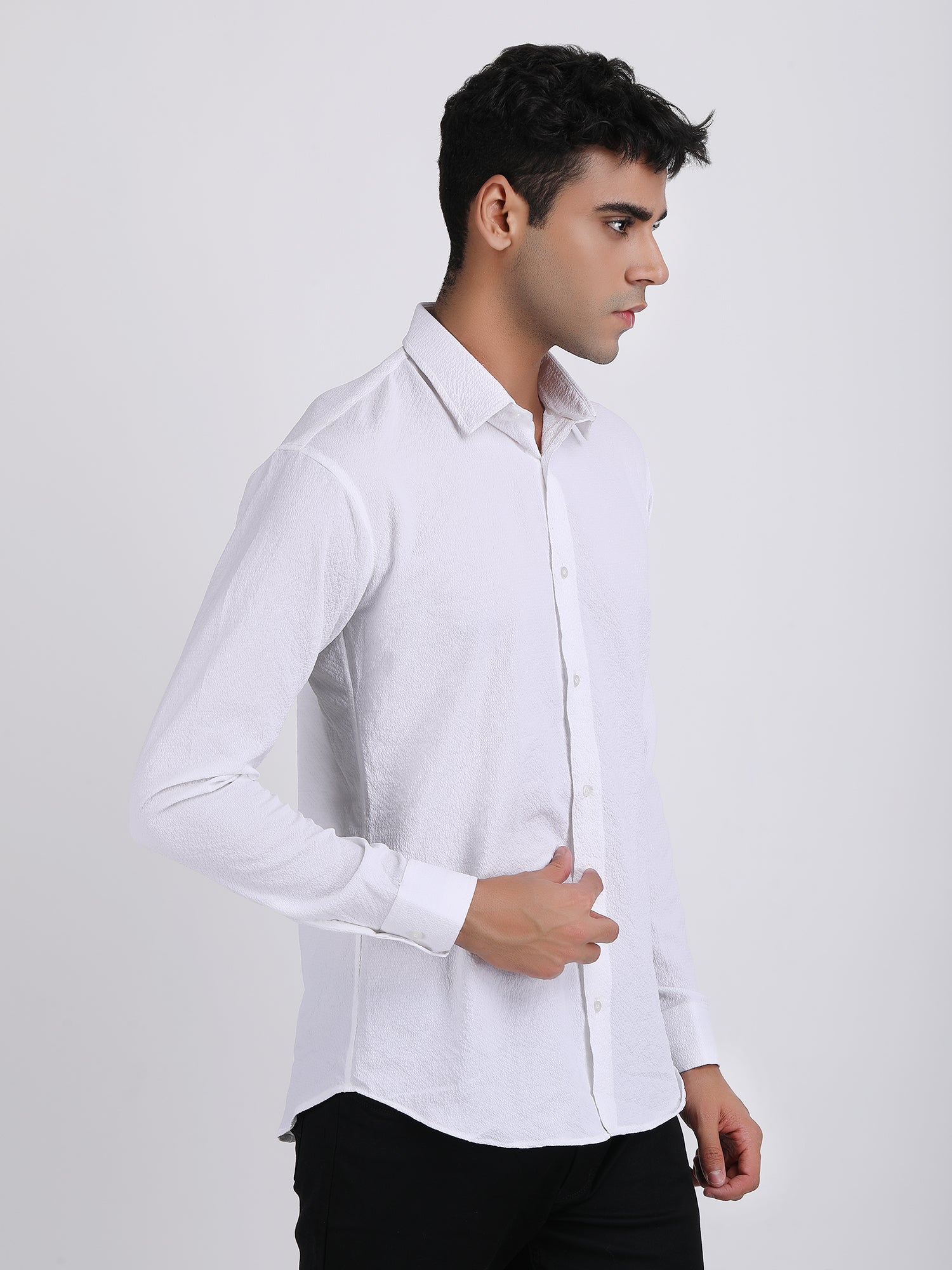 White Popcorn Texture Full Sleeves Shirt