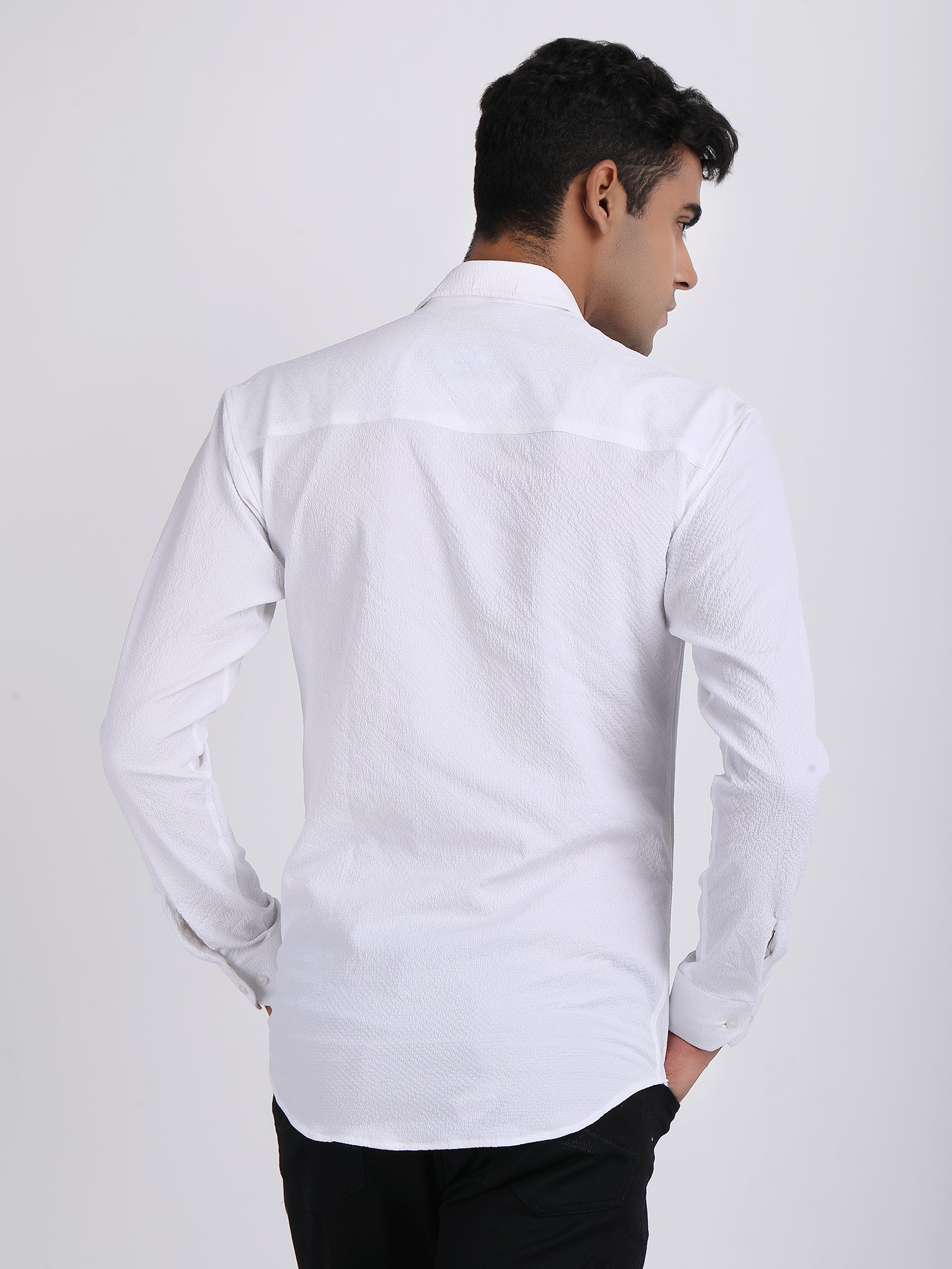 White Popcorn Texture Full Sleeves Shirt