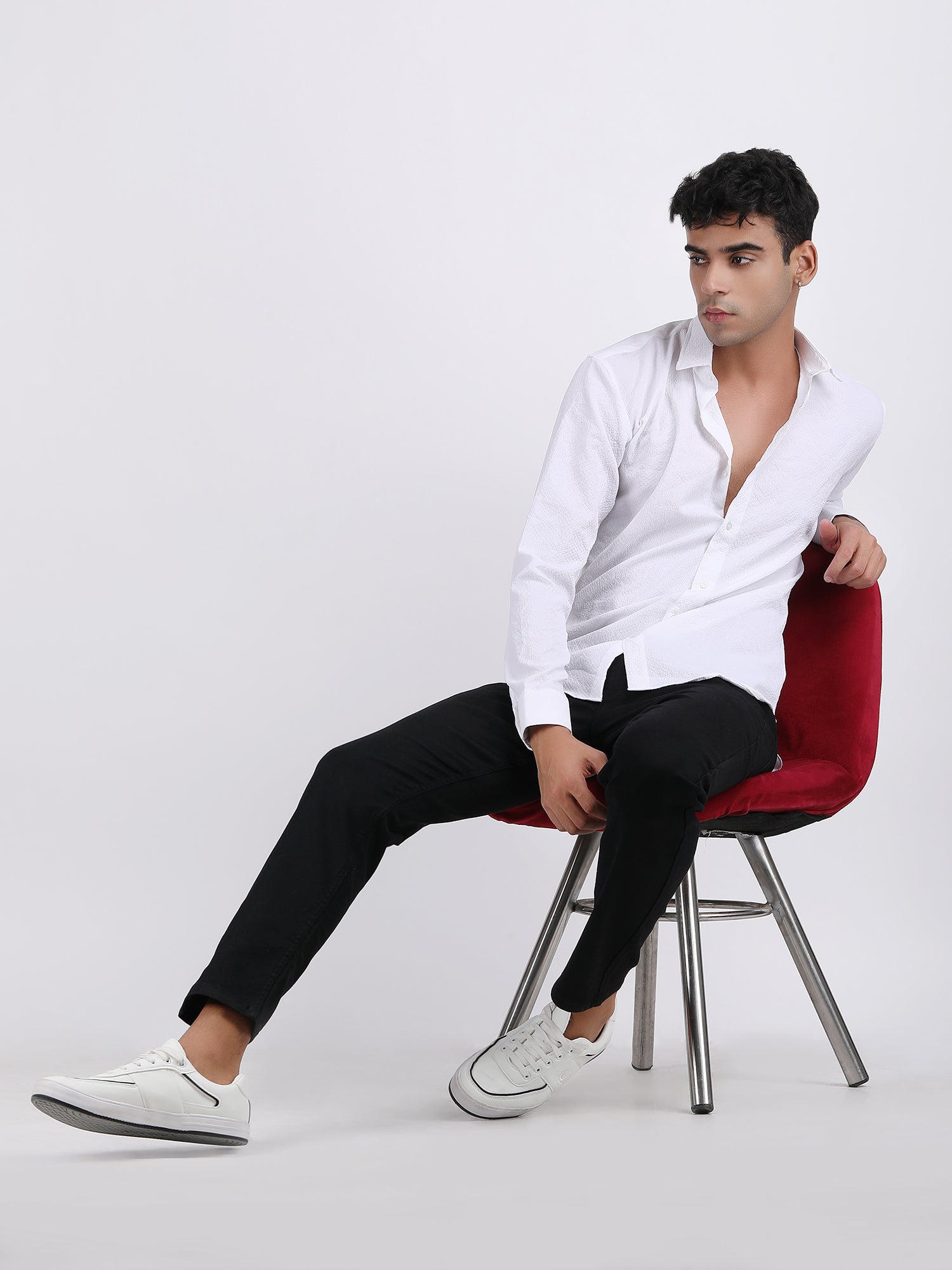 White Popcorn Texture Full Sleeves Shirt