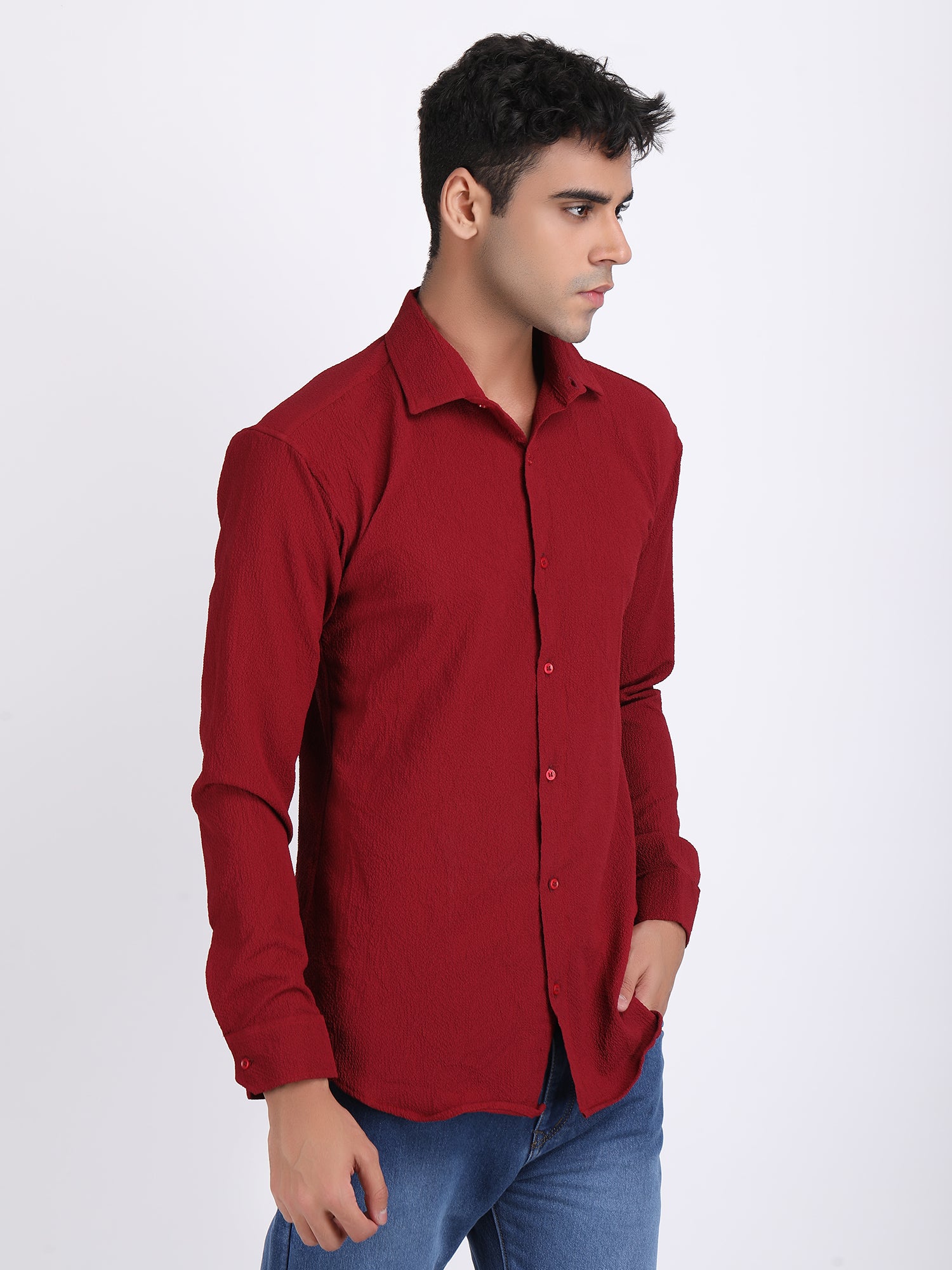Red Popcorn Texture Full Sleeves Shirt