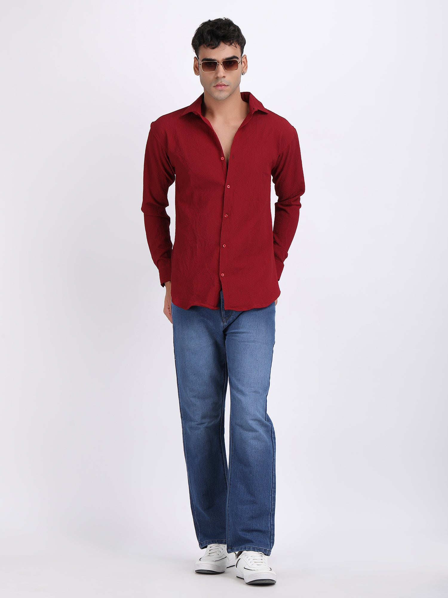 Red Popcorn Texture Full Sleeves Shirt