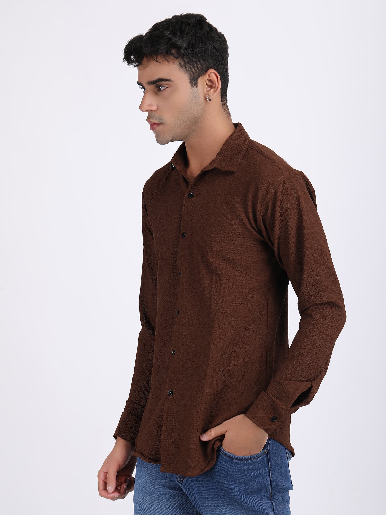 Crater Brown Popcorn Texture Full Sleeves Shirt