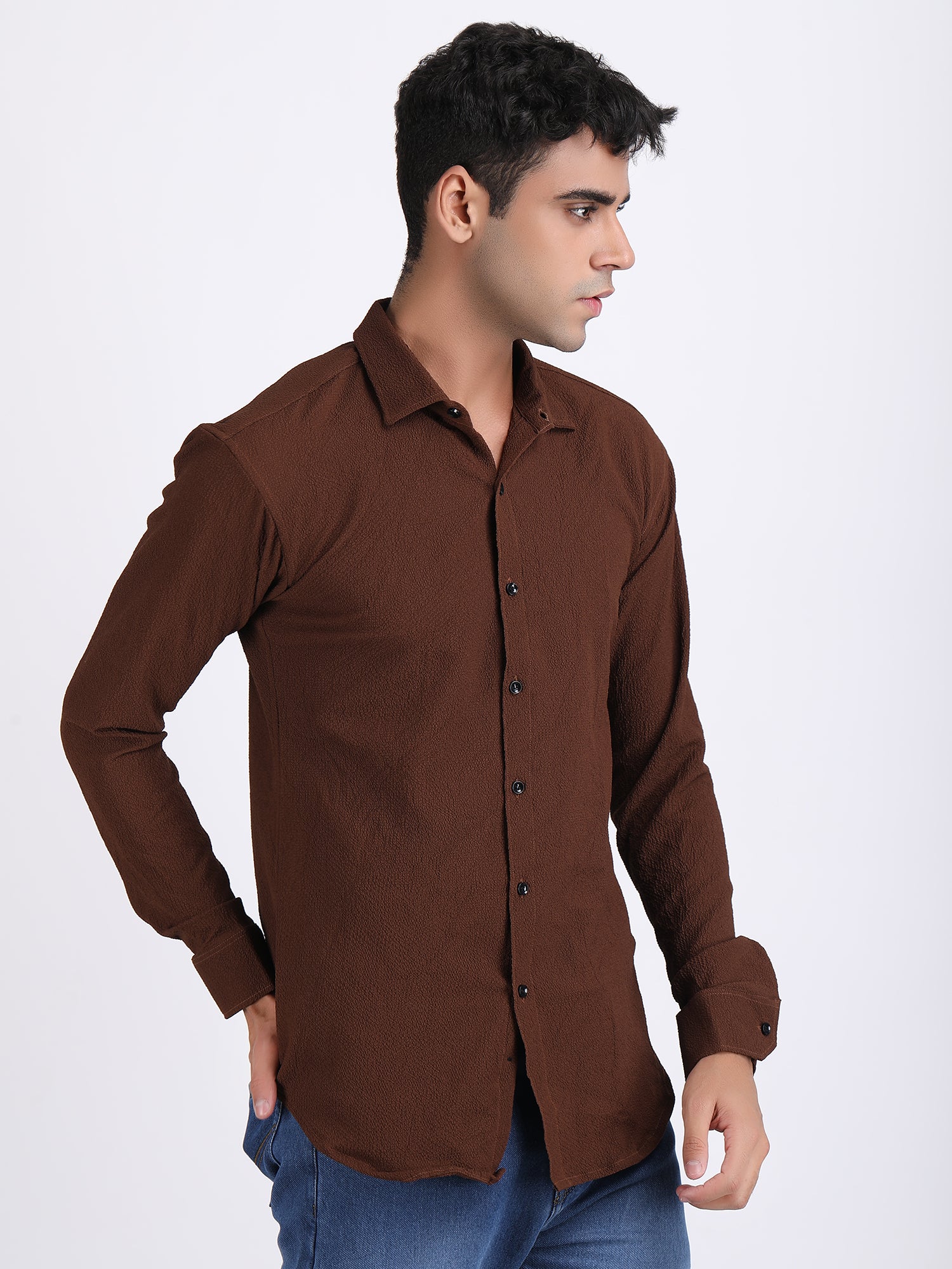 Crater Brown Popcorn Texture Full Sleeves Shirt