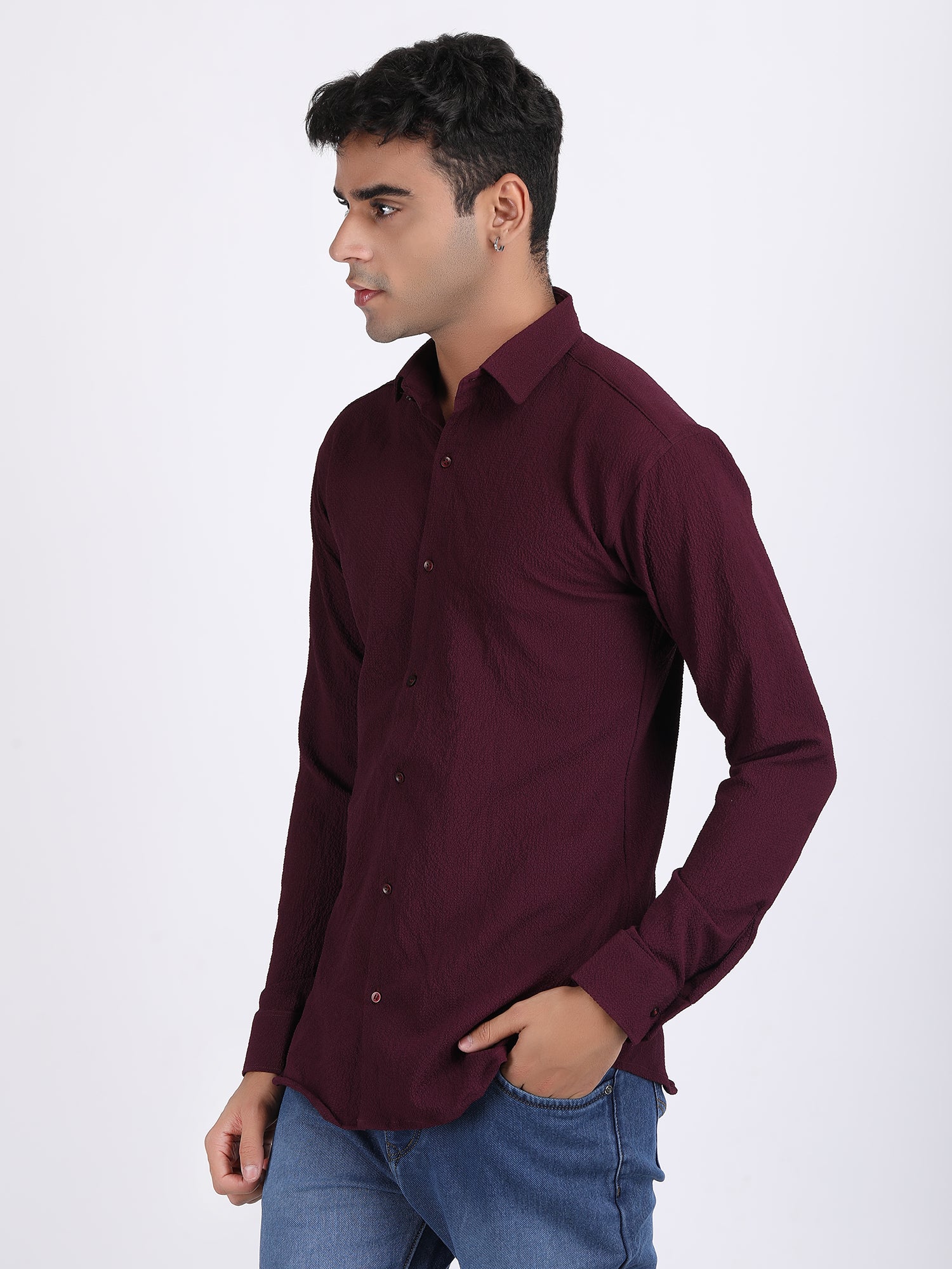 Dark Wine Popcorn Texture Full Sleeves Shirt