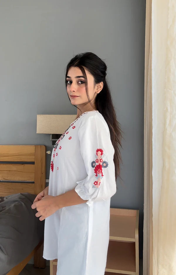 Trendy White long top-tunics with embroidery work for women