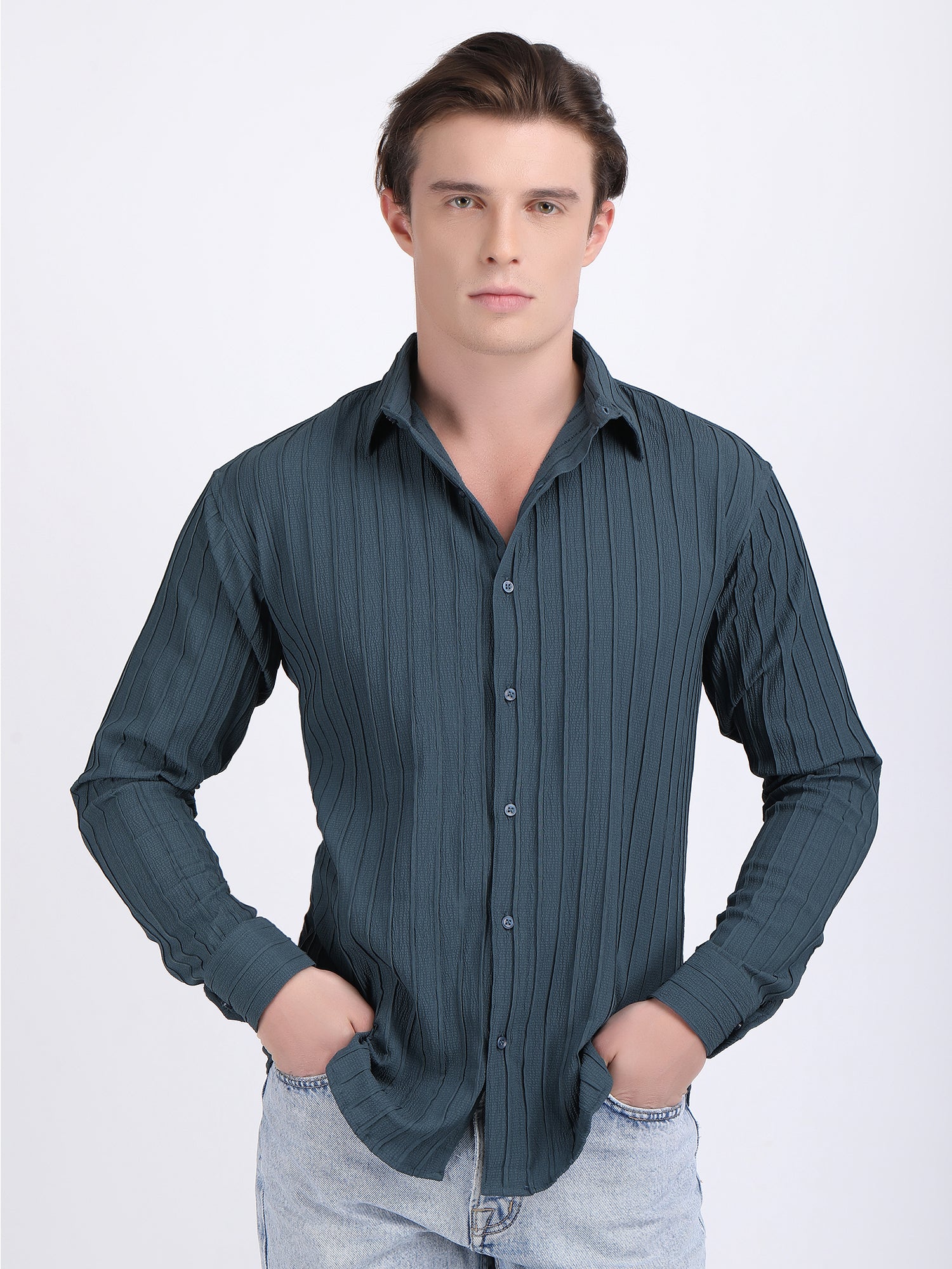 Teal Blue Popcorn Texture Full Sleeves Shirt