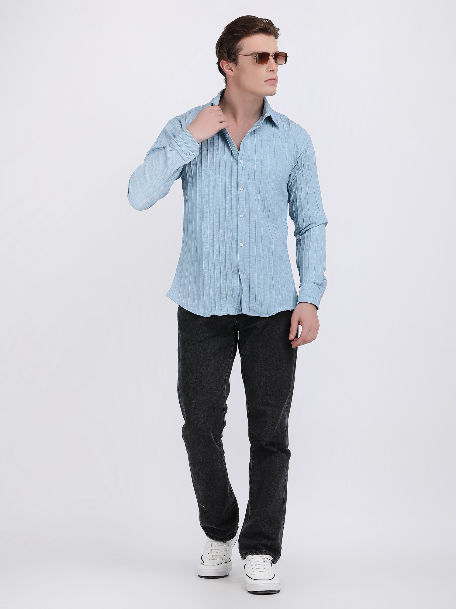 Sky Blue Popcorn Texture Full Sleeves Shirt