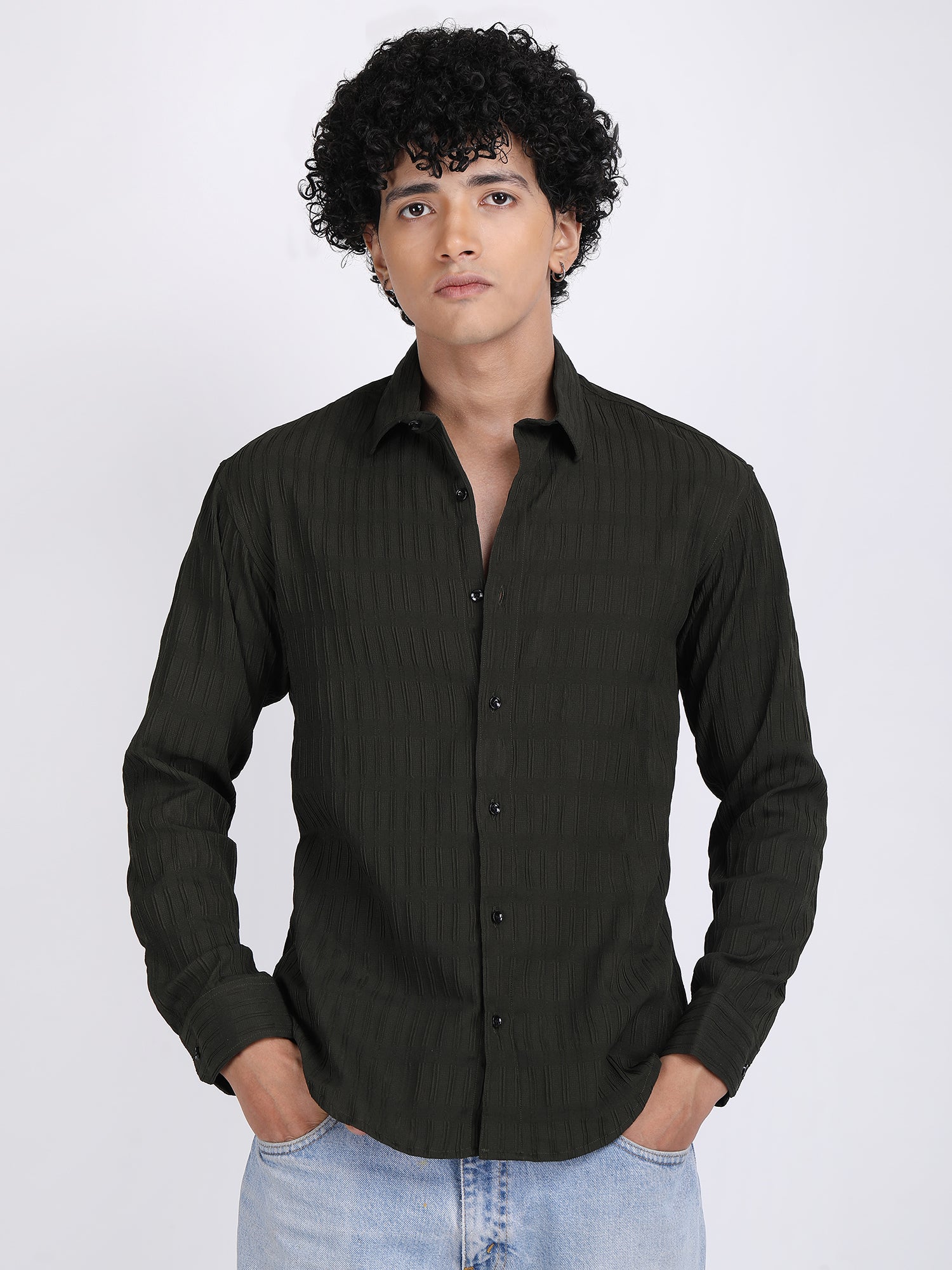 Dark Green Popcorn Texture Full Sleeves Shirt