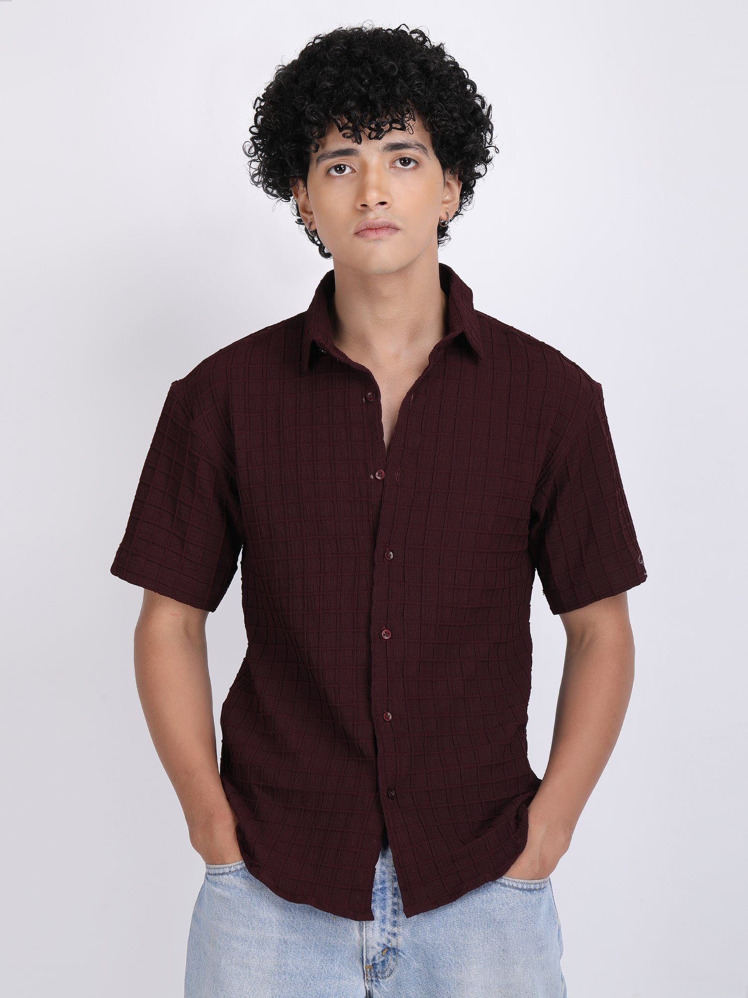 Dark Maroon Popcorn Texture Half Sleeves Shirt