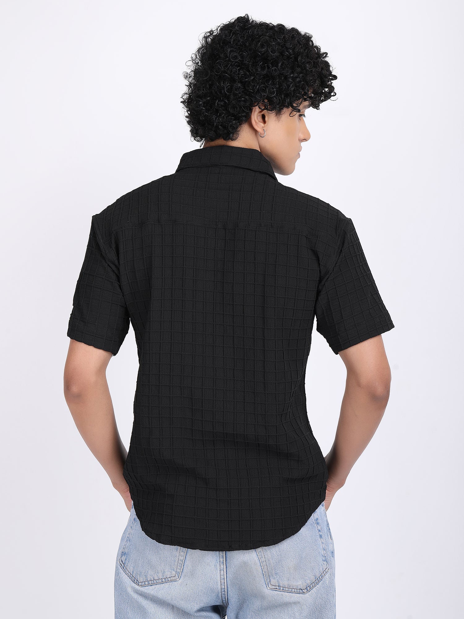 Black Popcorn Texture Half Sleeves Shirt