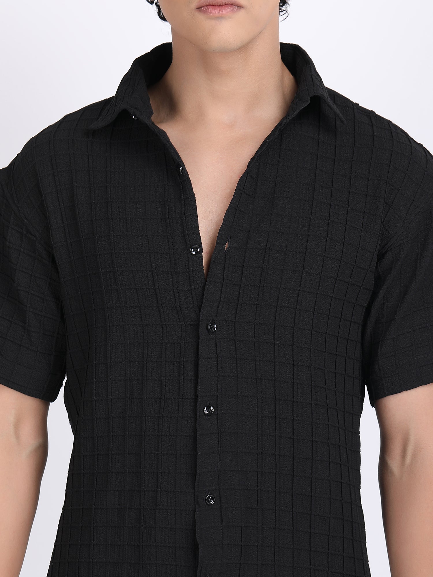 Black Popcorn Texture Half Sleeves Shirt