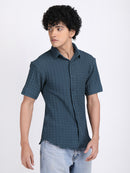 Cyan-Blue Popcorn Texture Half Sleeves Shirt