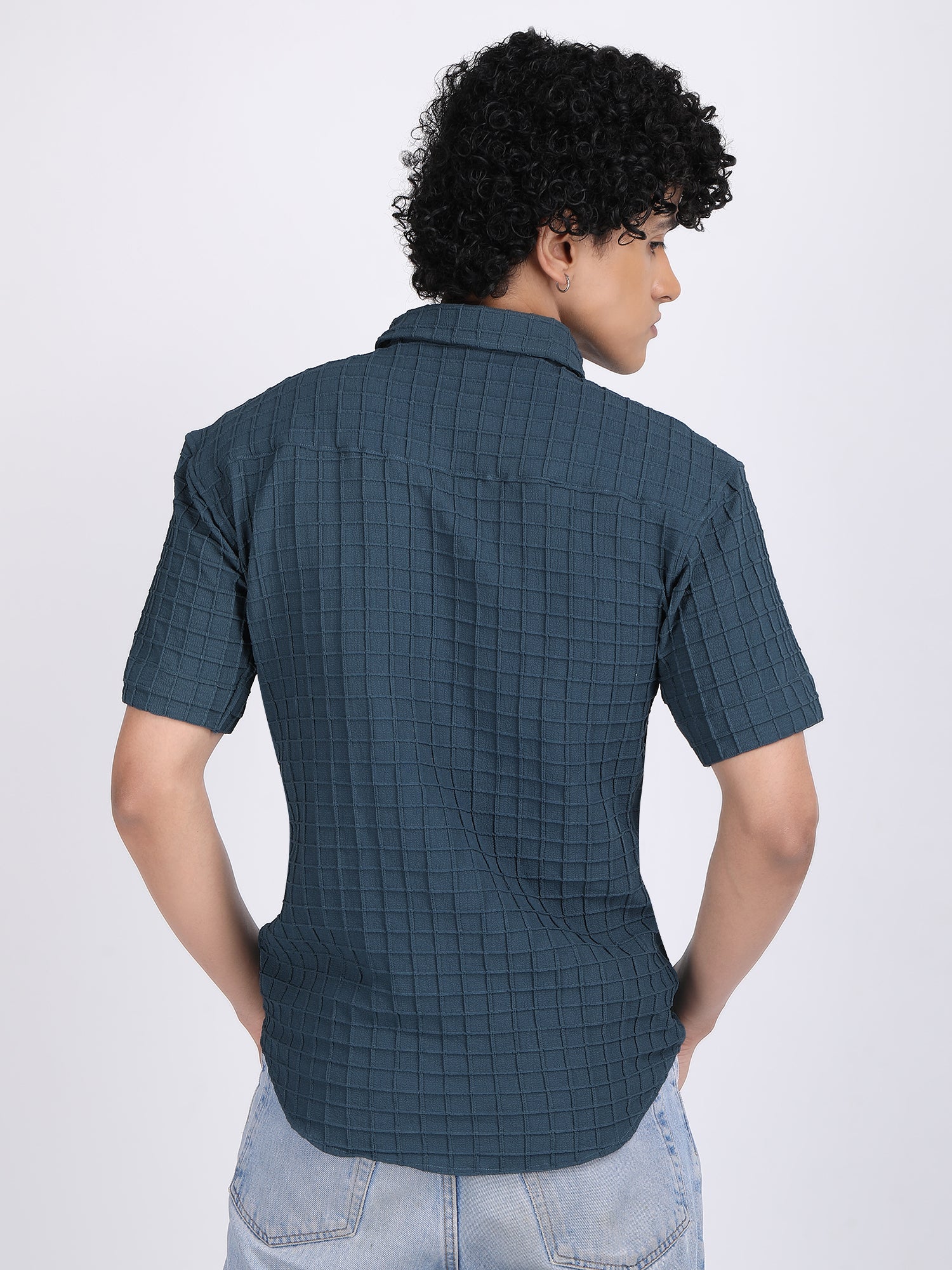 Cyan-Blue Popcorn Texture Half Sleeves Shirt