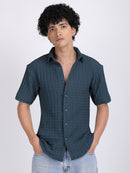 Cyan-Blue Popcorn Texture Half Sleeves Shirt