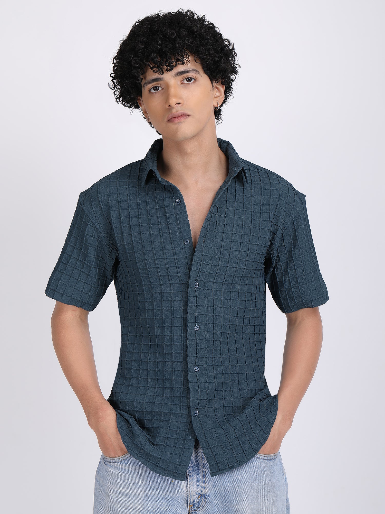 Cyan-Blue Popcorn Texture Half Sleeves Shirt