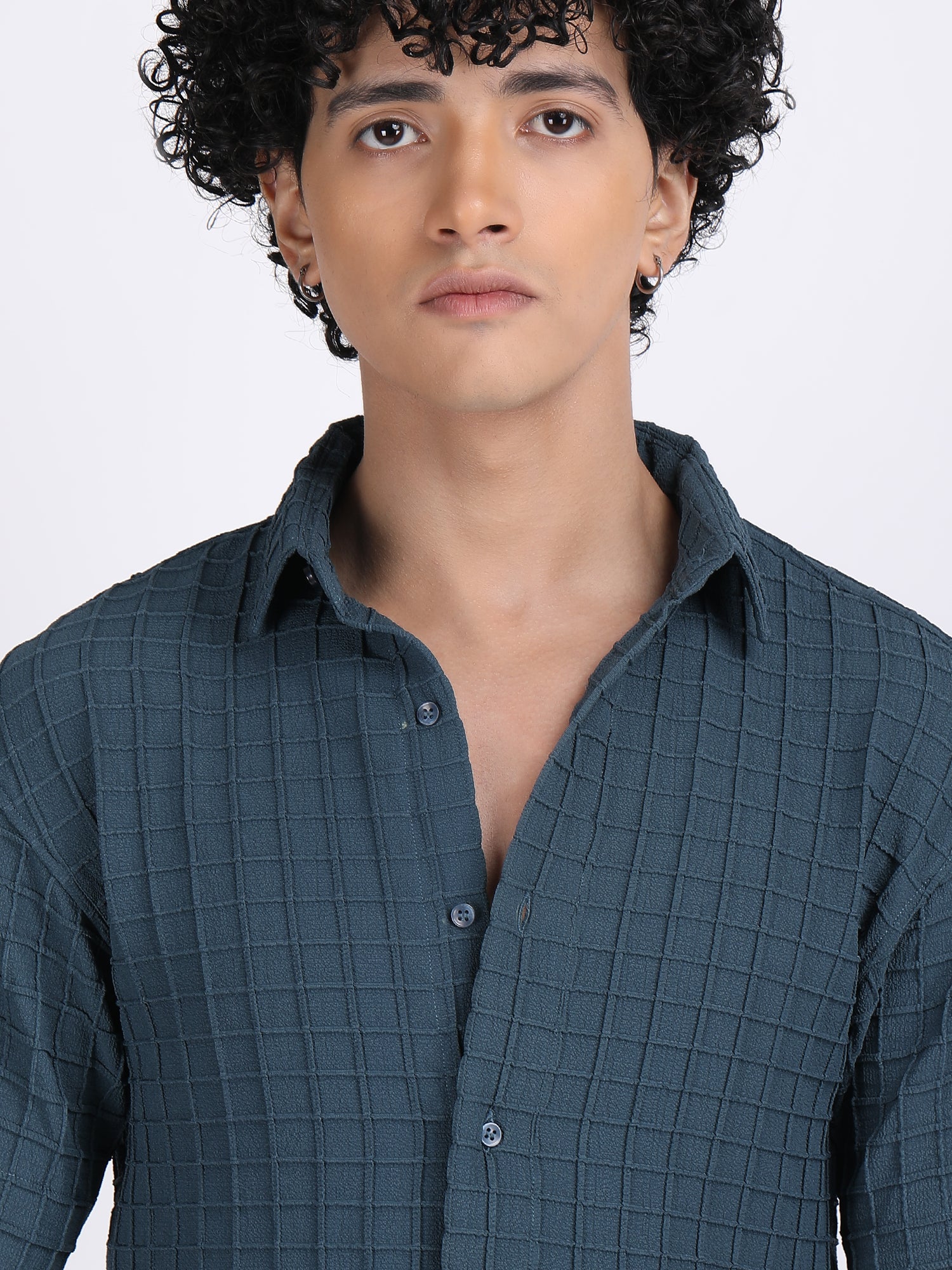 Cyan-Blue Popcorn Texture Half Sleeves Shirt