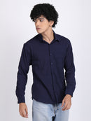 Navy Blue Popcorn Texture Full Sleeves Shirt