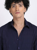 Navy Blue Popcorn Texture Full Sleeves Shirt