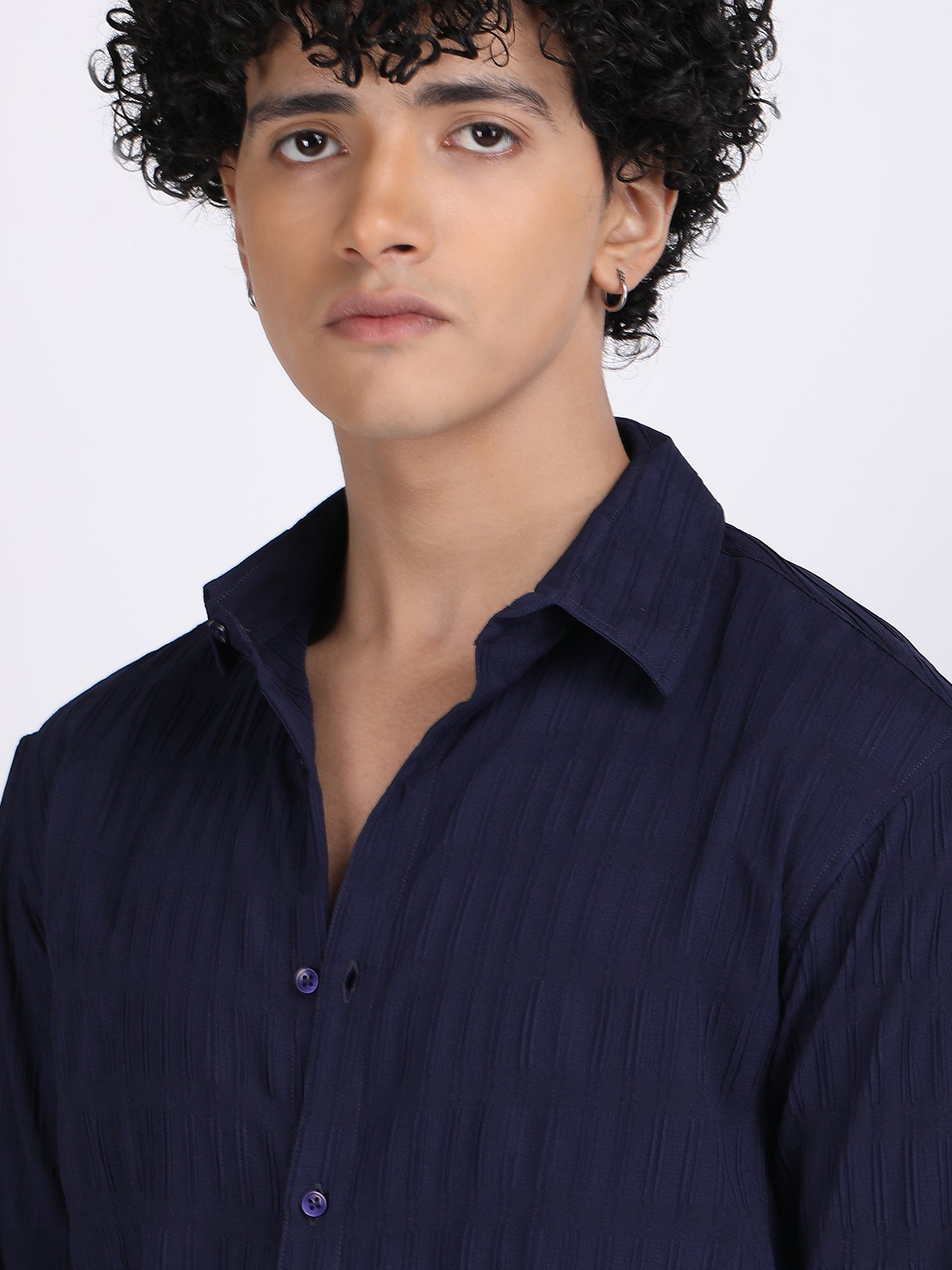 Navy Blue Popcorn Texture Full Sleeves Shirt
