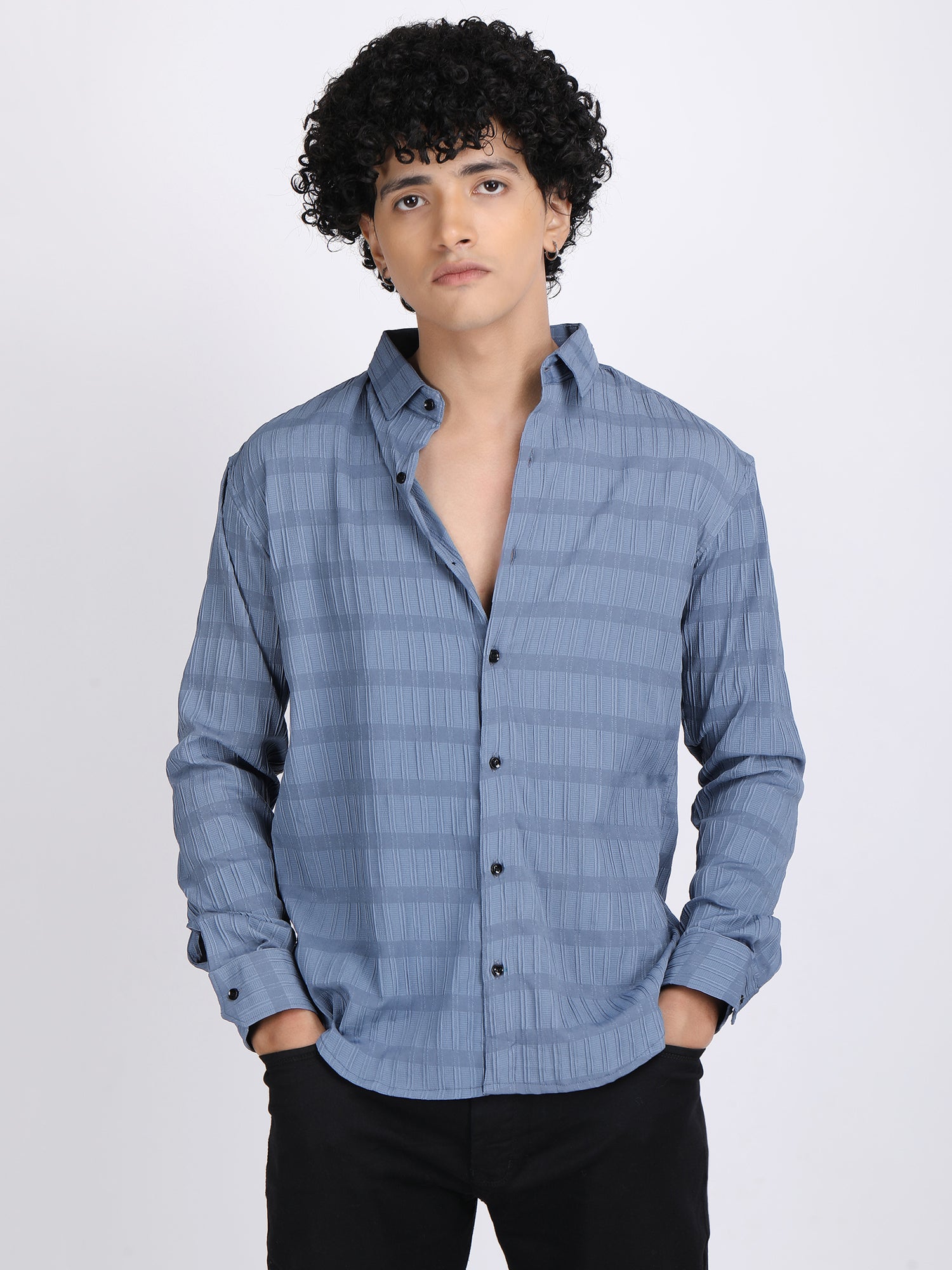 Light Blue Popcorn Texture Full Sleeves Shirt