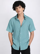 Sea Blue Popcorn Texture Half Sleeves Shirt