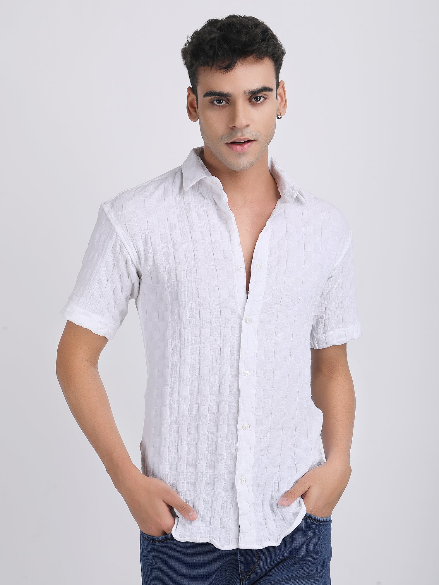 White Popcorn Texture Half Sleeves Shirt