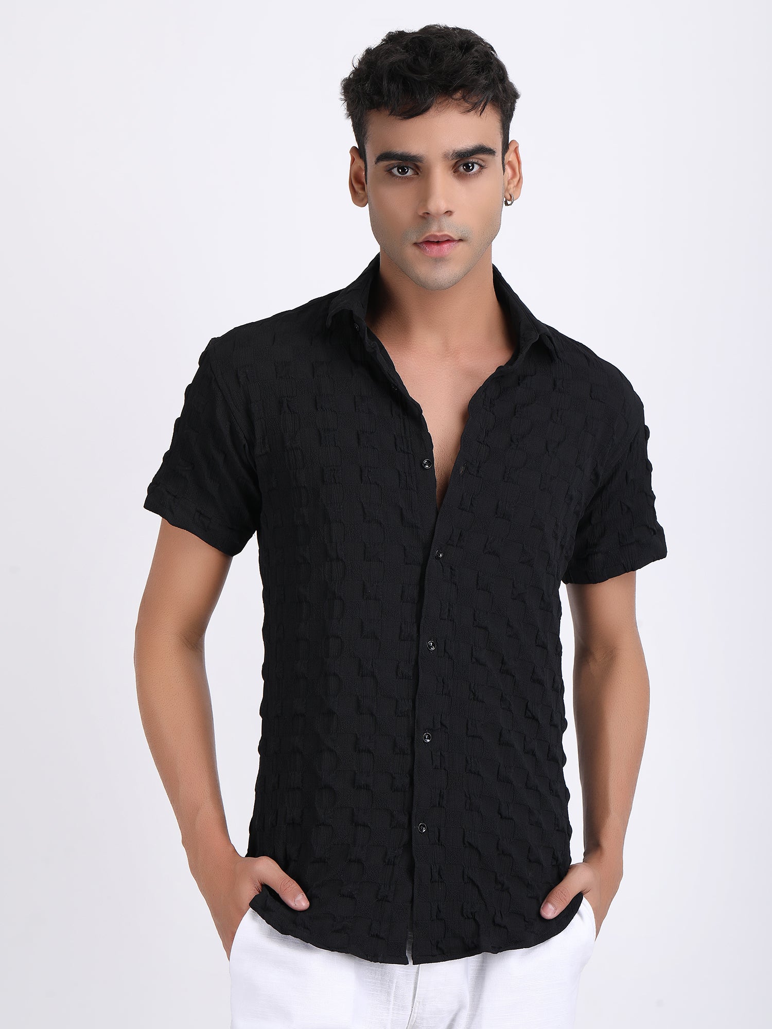Black Popcorn Texture Half Sleeves Shirt