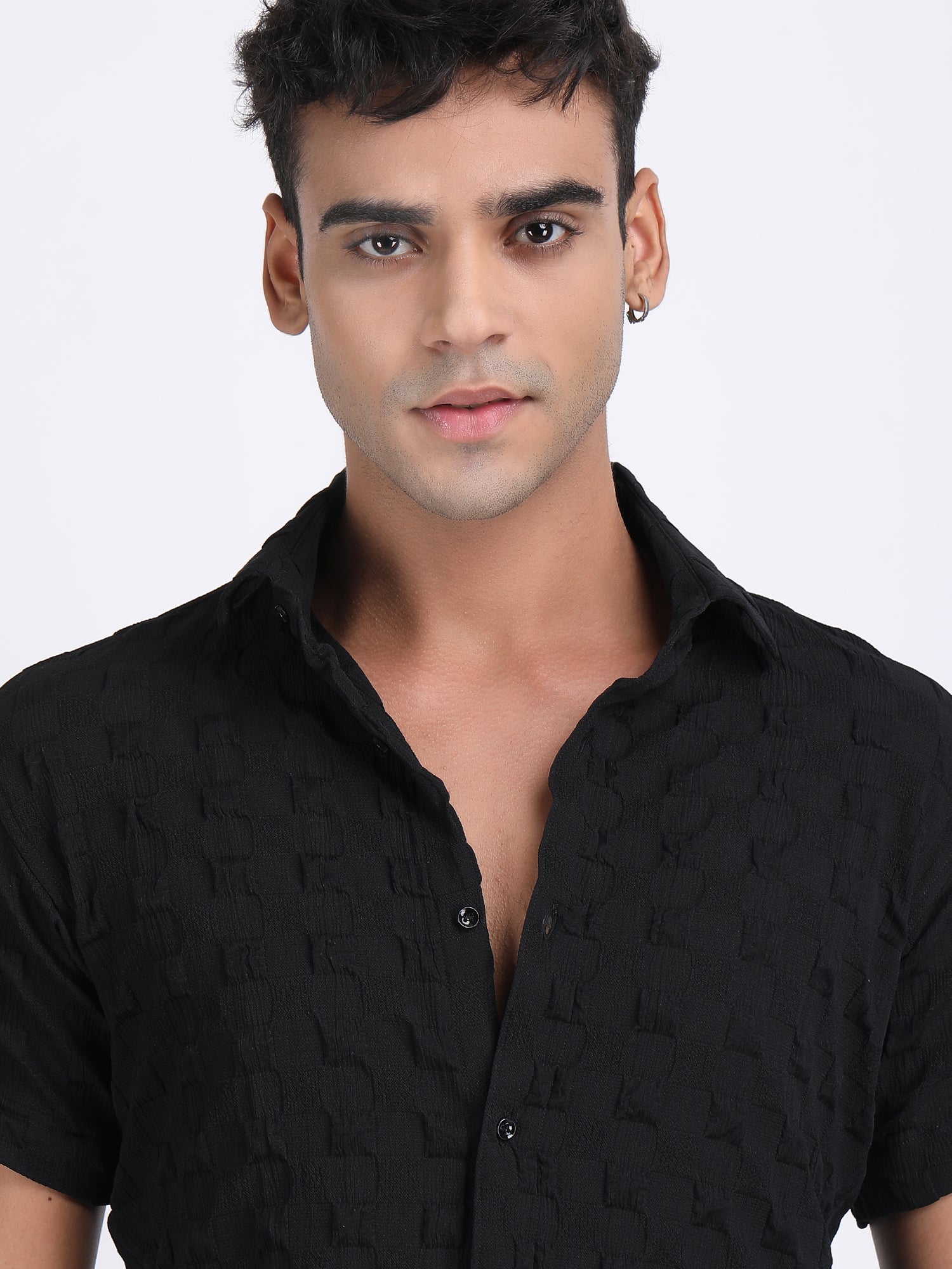 Black Popcorn Texture Half Sleeves Shirt