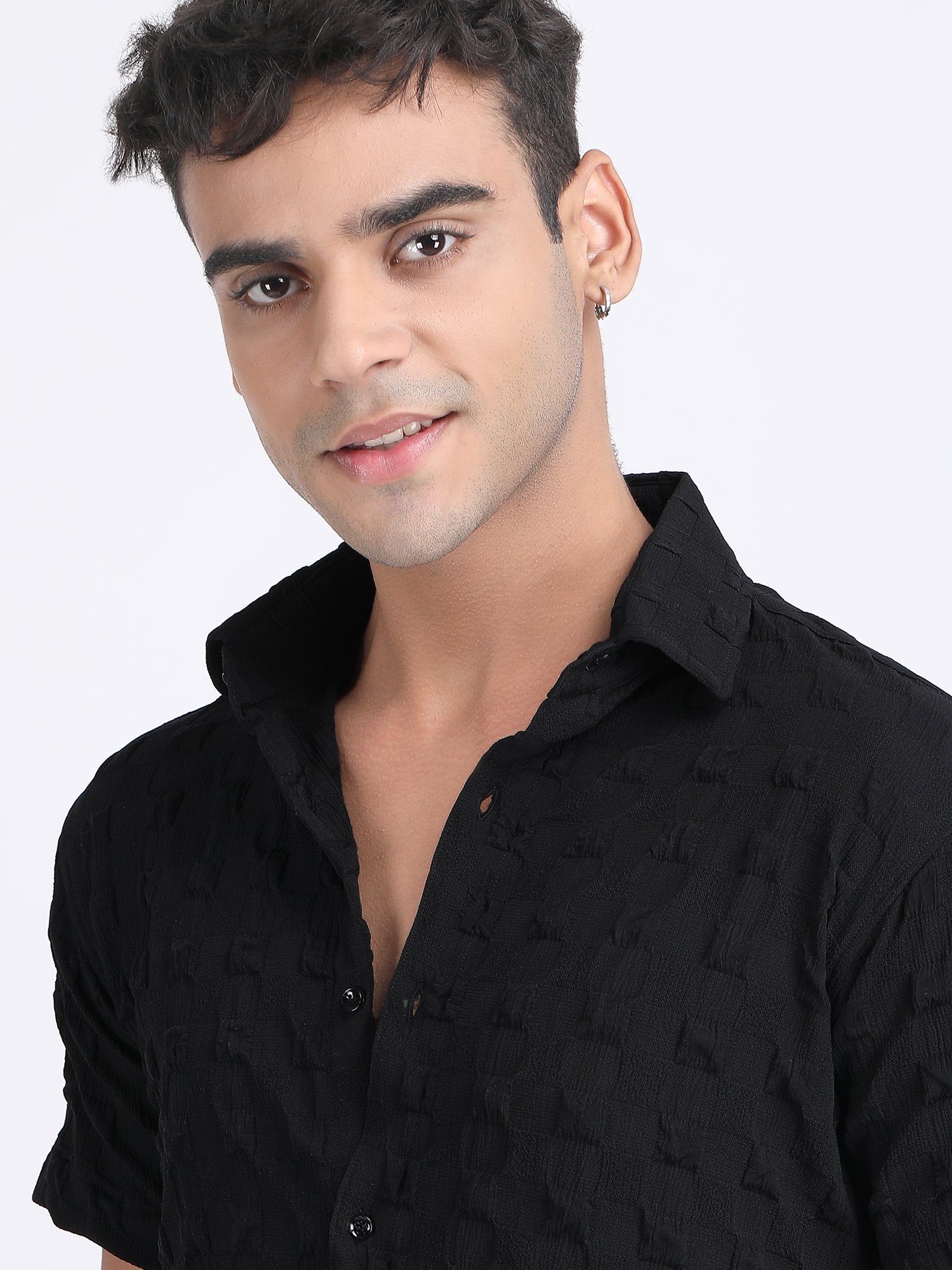 Black Popcorn Texture Half Sleeves Shirt
