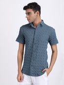Dark Blue Popcorn Texture Half Sleeves Shirt