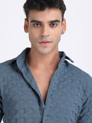 Dark Blue Popcorn Texture Half Sleeves Shirt
