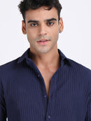 Navy Blue Popcorn Texture Full Sleeves Shirt