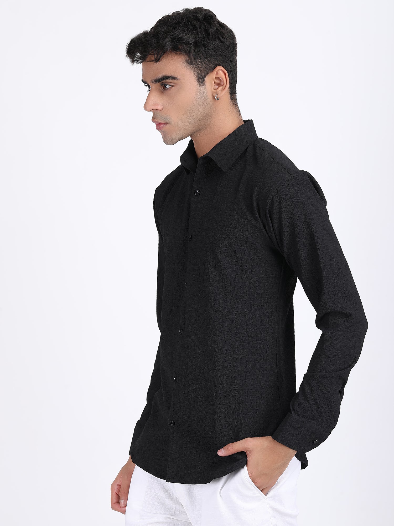 Black Popcorn Texture Full Sleeves Shirt