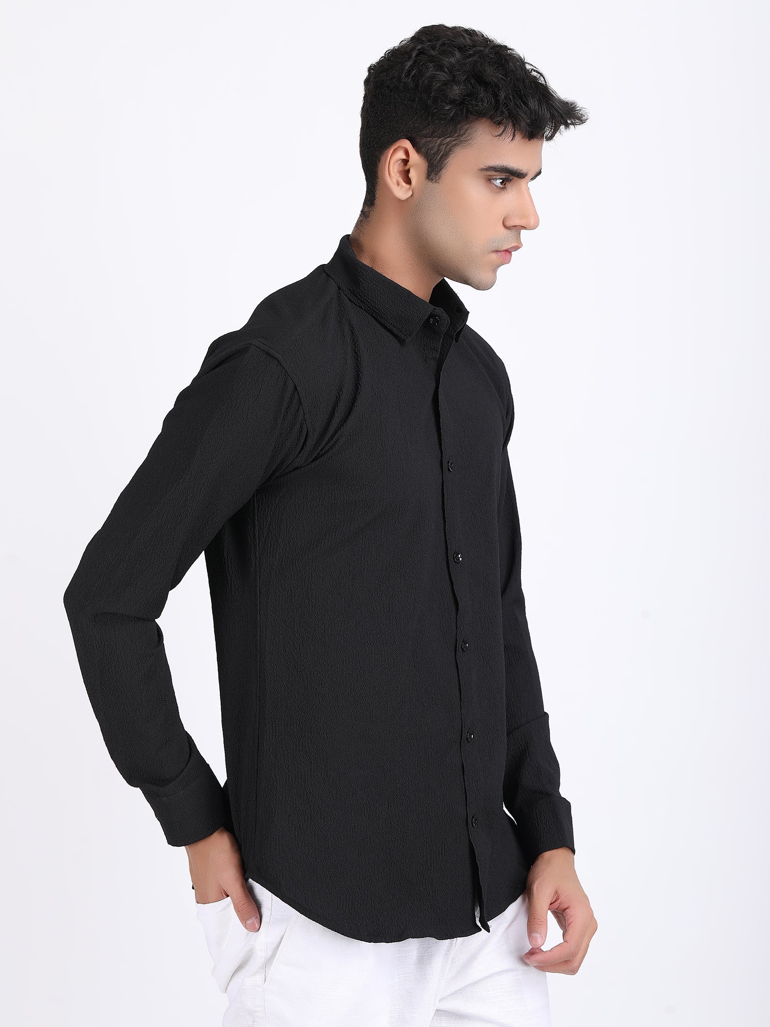 Black Popcorn Texture Full Sleeves Shirt