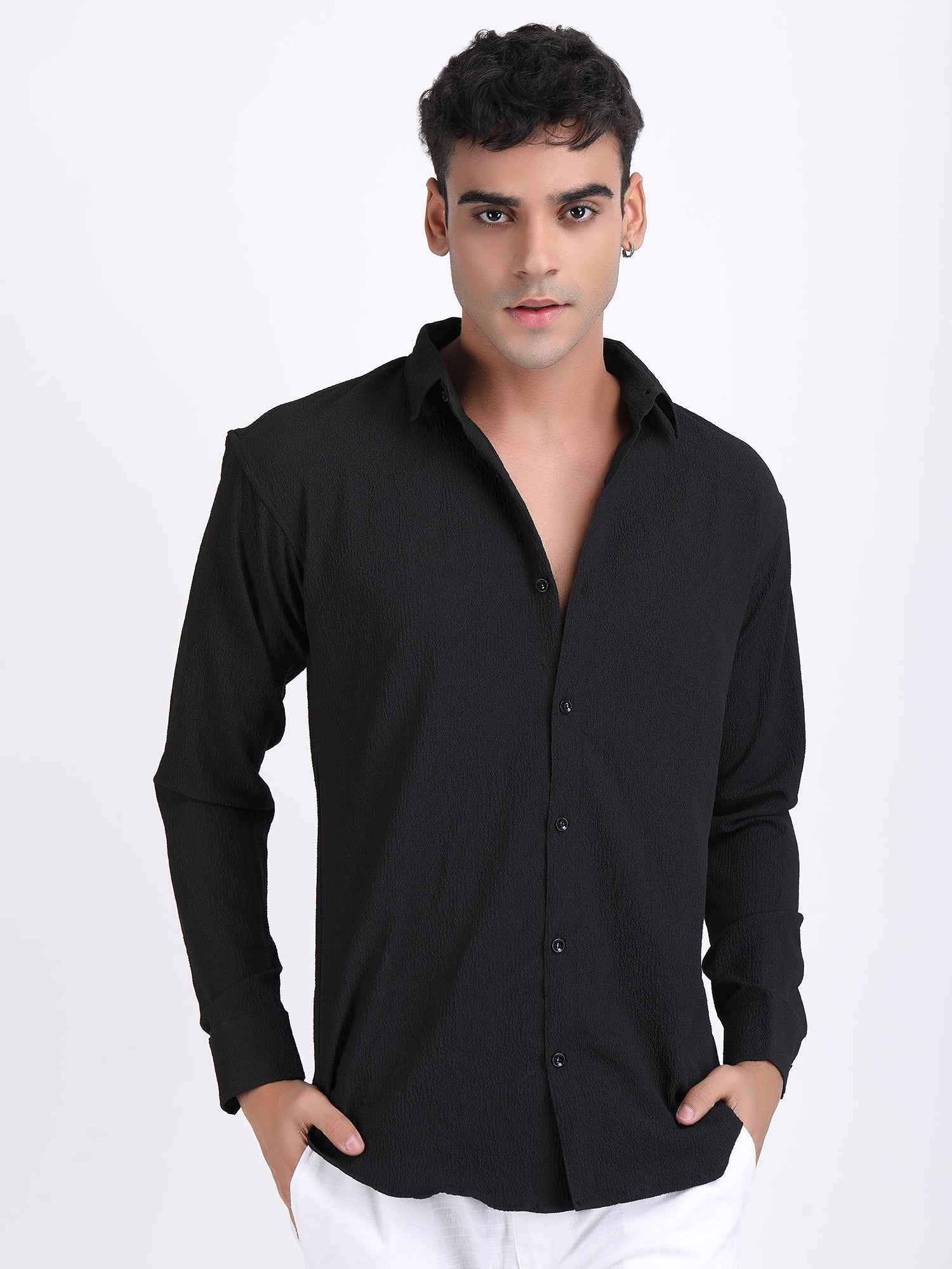 Black Popcorn Texture Full Sleeves Shirt