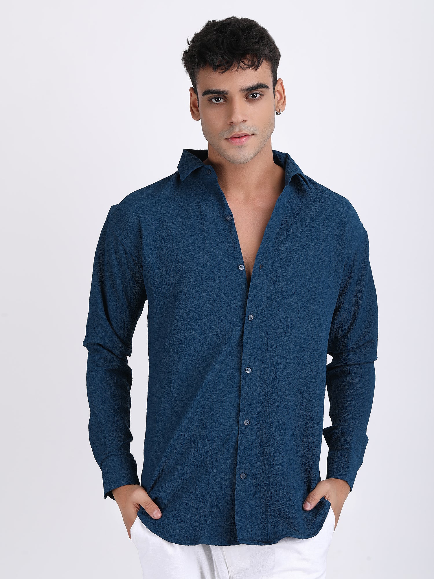 Dark Blue Popcorn Texture Full Sleeves Shirt