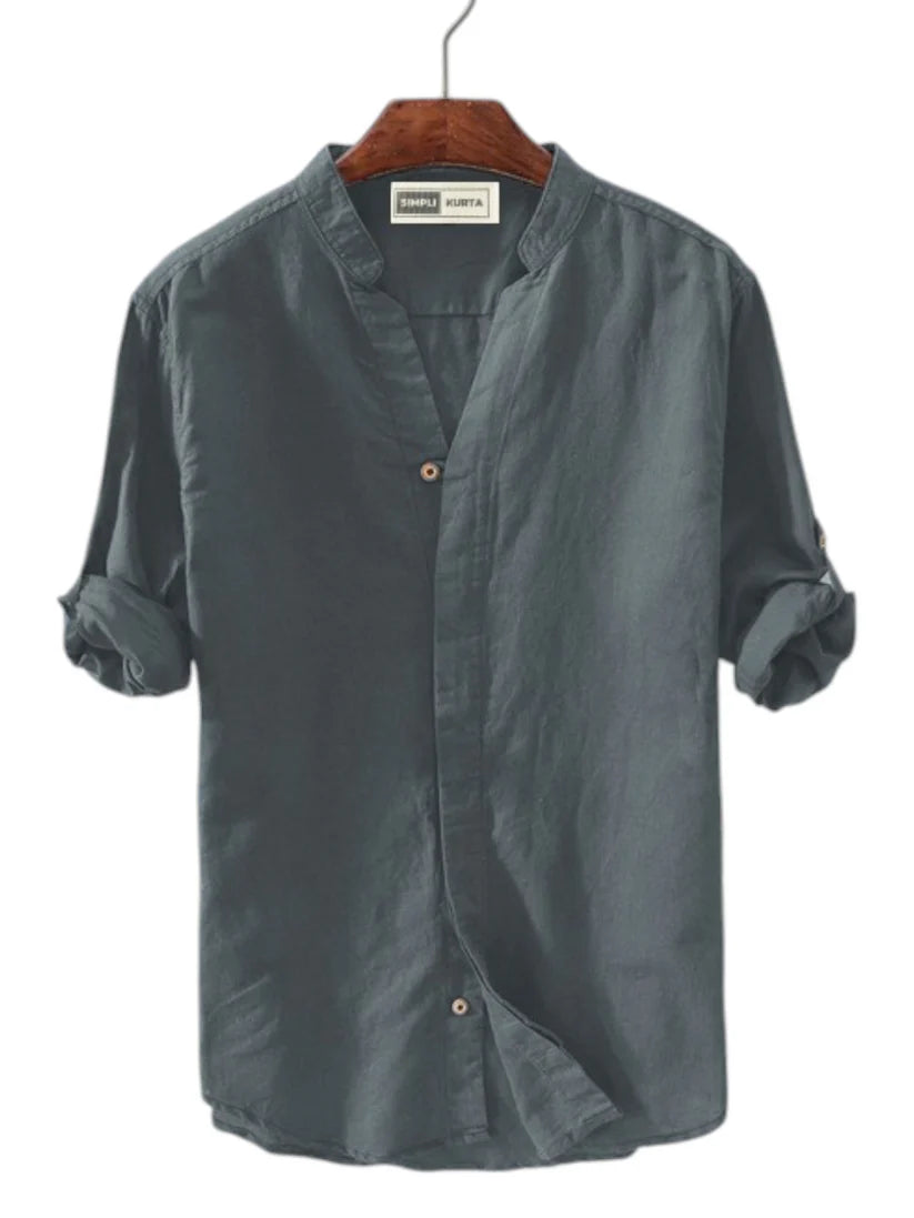 Men's Casual Mandarin Collar Shirt – Classic Grey