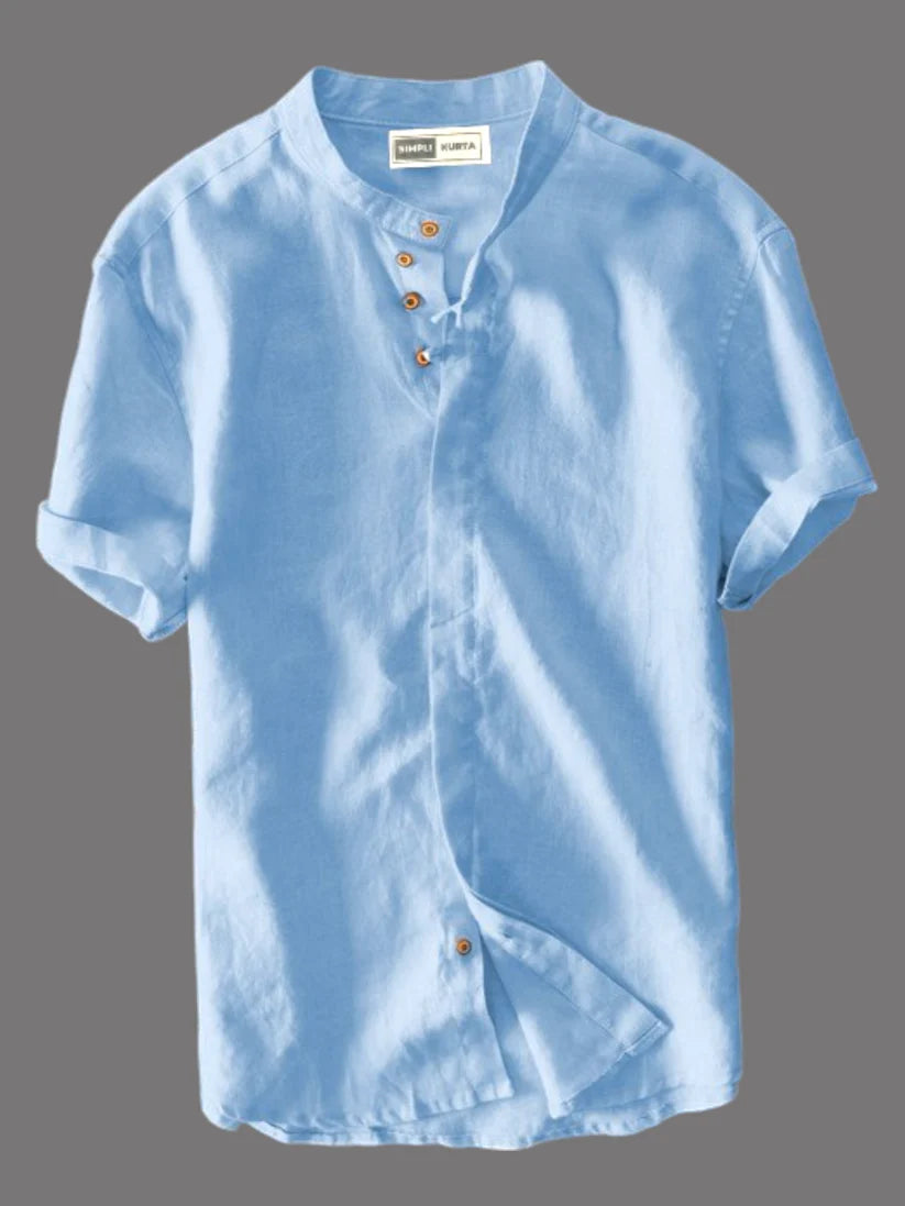 Men's Light Blue Half-Sleeve Mandarin Collar Shirt