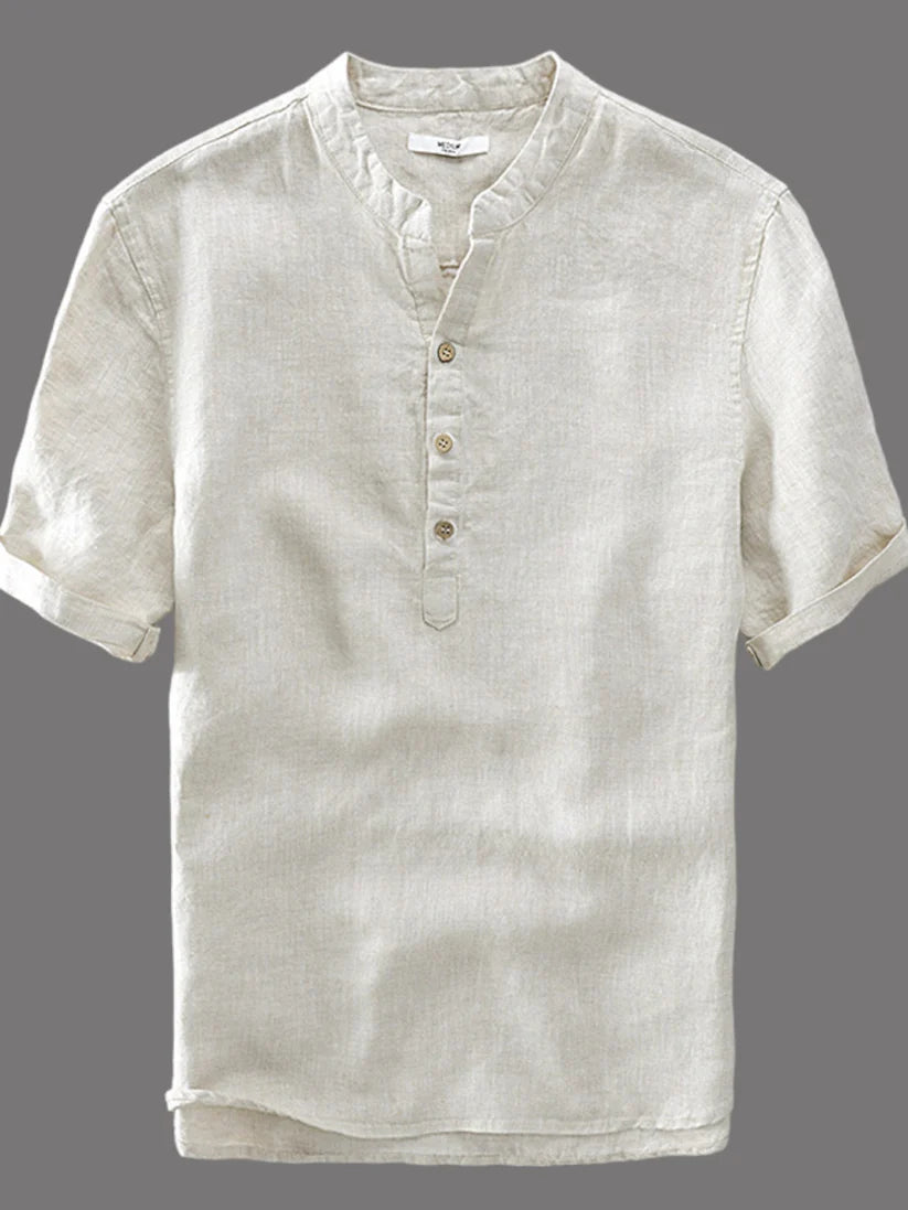 Khaki Short Sleeve Mandarin Collars Shirt For Men's