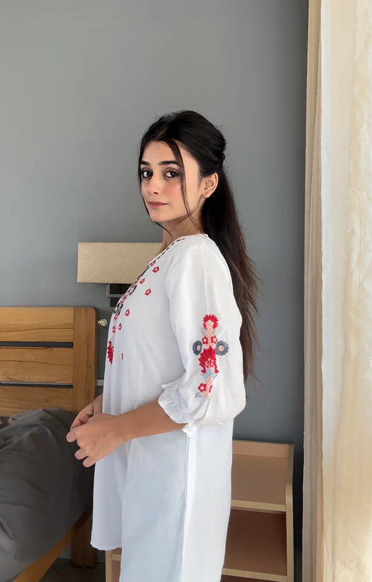 Trendy White long top-tunics with embroidery work for women