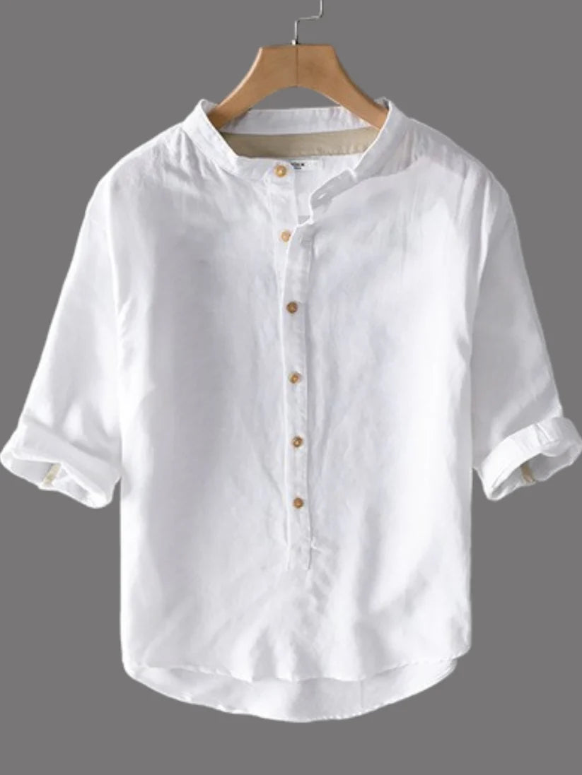 Men's Three-quarter Sleeve Cotton Stand-up Collar Casual Loose Cool white kurta Shirt