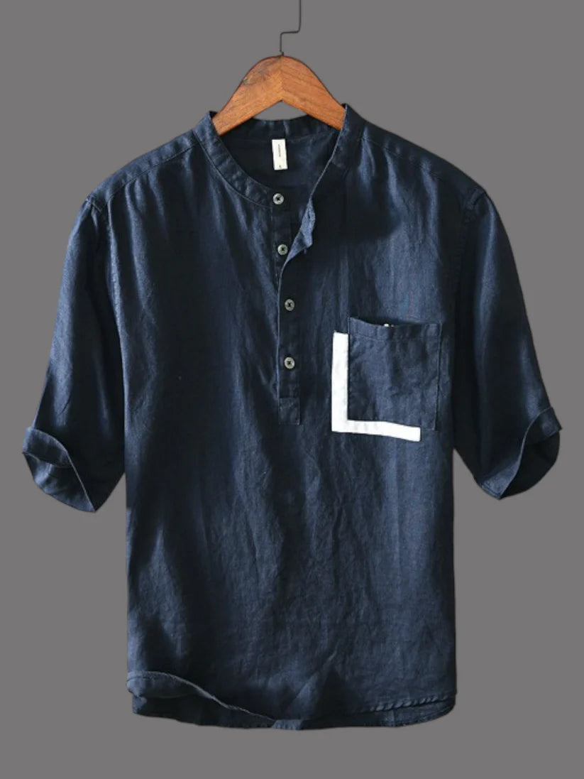Loose & Casual Short-Sleeved Men's Blue Kurta shirt with Pocket