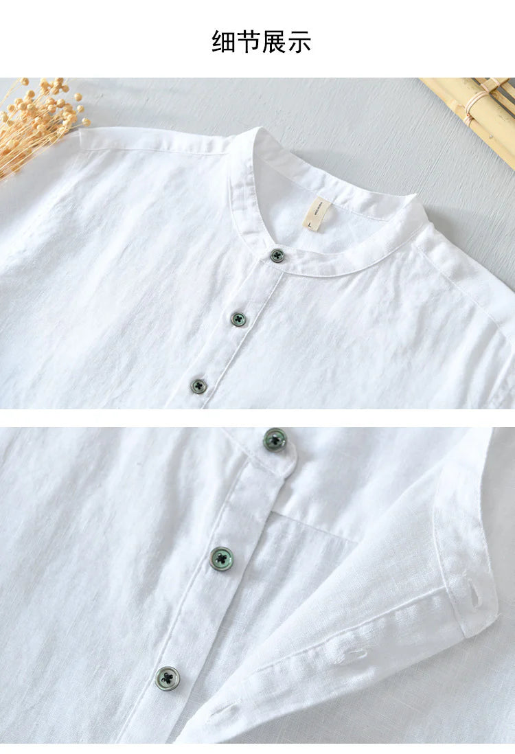 Men's White Stand Collar half Kurta Sleeve Shirts with Pocket