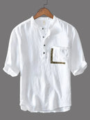 Men's White Stand Collar half Kurta Sleeve Shirts with Pocket