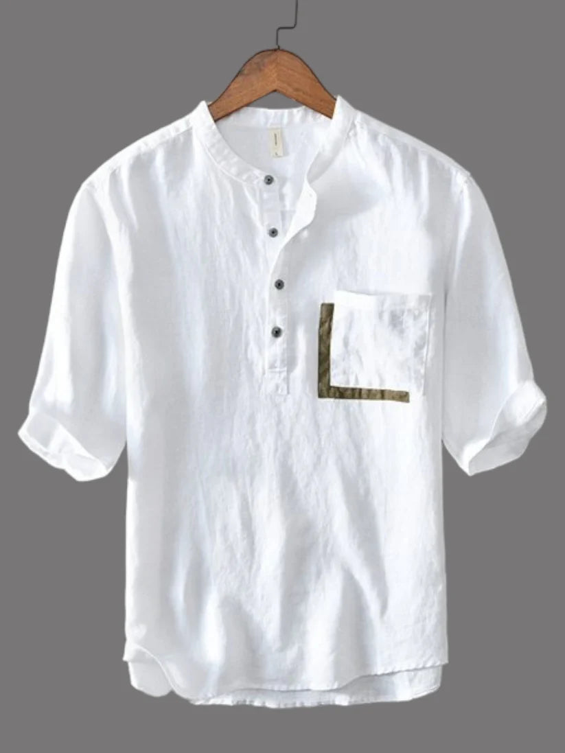 Men's White Stand Collar half Kurta Sleeve Shirts with Pocket