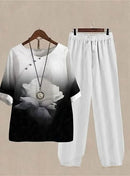 Cosy & Stylish: White & Black Coord Set with Rose Patterns