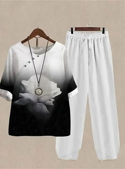 Cosy & Stylish: White & Black Coord Set with Rose Patterns