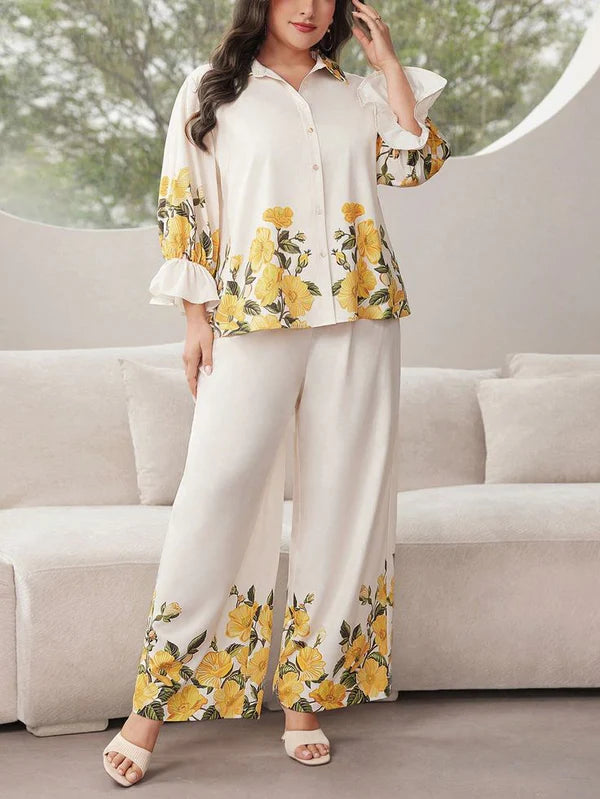 Trendy White Coord Set with Yellow Flowers Print